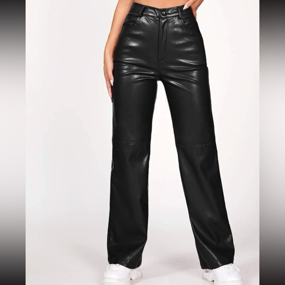 Petite Solid PU Leather Straight Leg Pants size M